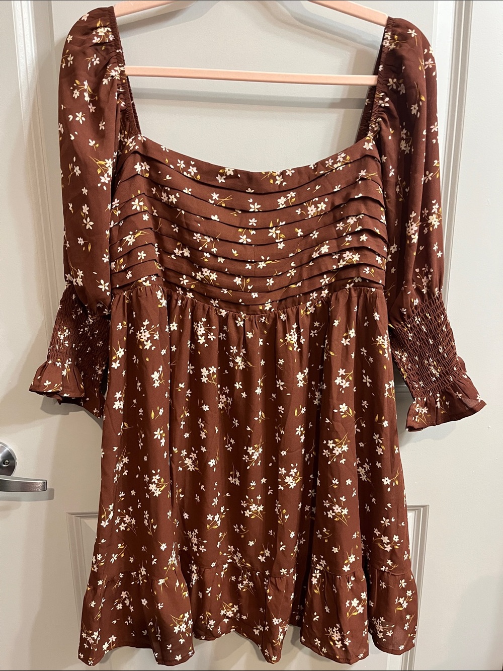Blue Rain Brown Floral Square-Neck Dress